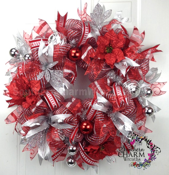 Premium Deco Mesh CHRISTMAS Wreath For Door or Wall Red Silver Glam Il_570xn