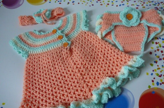 Crocheted Peach Mint Green and Ivory Baby Dress Headband