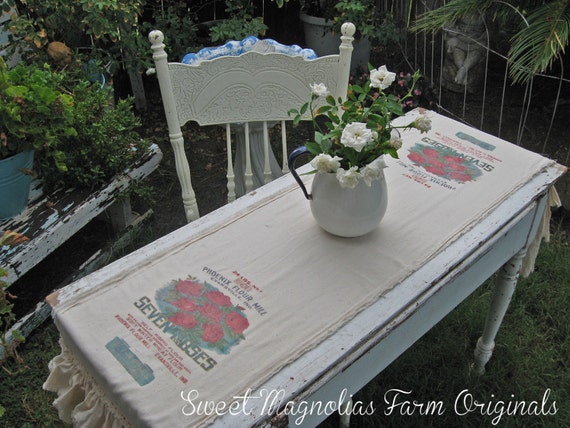 Feed Sack Table Runner - "Seven Roses Flour" - Farmhouse -Muslin - Triple Ruffles -  By:Sweet Magnolias Farm