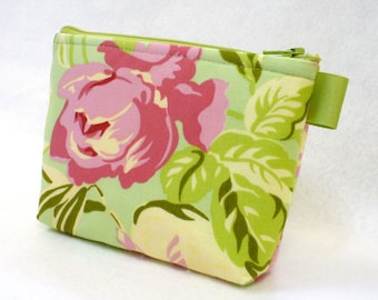 Bridesmaid Cosmetic Bag Mint Pink Floral, Amy Butler Fabric, Gadget Pouch, Makeup Bag, Cotton Zip Pouch, Temple Flowers Tulip Roses MTO