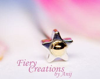 Nose Screw / Tragus stud "Tiny Sheriff Star" - Sterling Silver & 18k yellow Gold