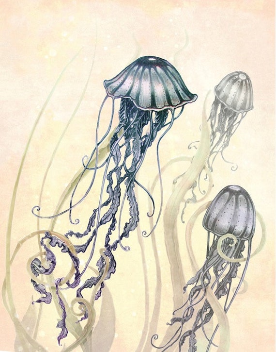 Jellyfish Print  - Ocean Art  Print - Nautical Seaside Art -  Print -  purple - blue - Yellow - COLOR - plum