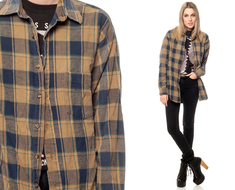 Flannel Shirt 90s Tan Navy Blue Plaid Button Down Grunge Long