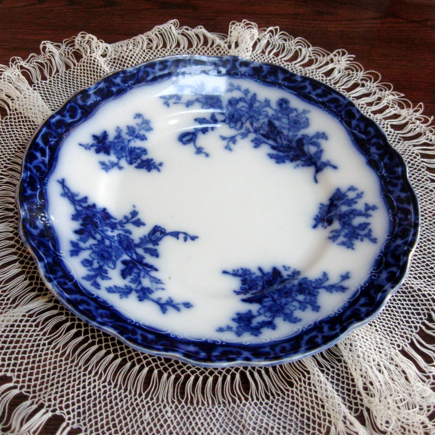 Vintage Flow Blue Plate Touraine Stanley England Cobalt Blue