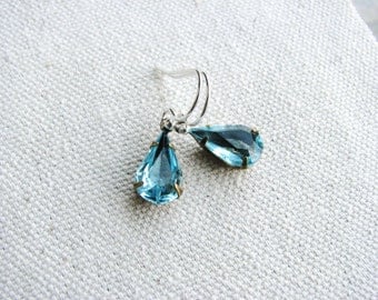 Aqua Glass Jewel Earrings Vintage Style Cut Glass Gems Tear Drop Sterling Silver March Birthday Minimalist Modern Bridal Jewelry Sp