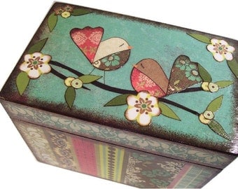 Recipe Box, Decoupaged, Colorful Bird Box, Large Handcrafted Box, Holds 4x6 Cards, Storage Organization, MADE TO ORDER