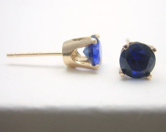 Sapphire 14K Gold Stud Earrings - Gold Earrings - 3 mm 4 mm 5 mm - Post Earrings - Sapphire Earrings - Birthstone Earrings - Solid 14K Gold