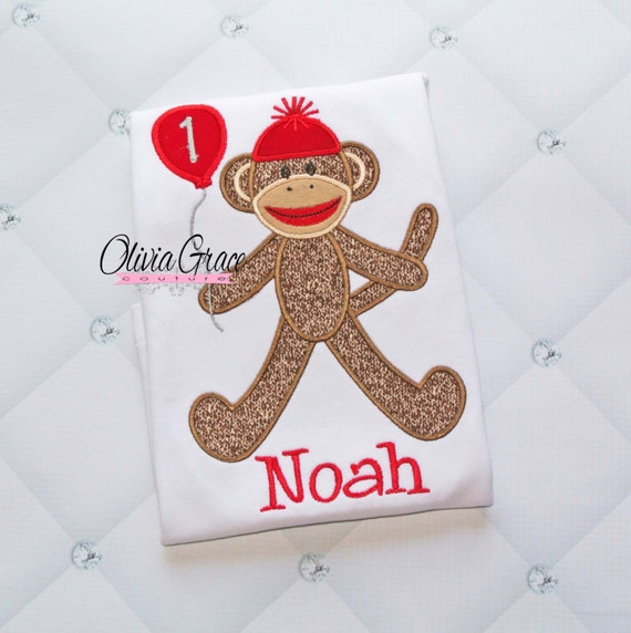 Sock Monkey Birthday Balloon Embroidered Applique Bodysuit or Shirt by 