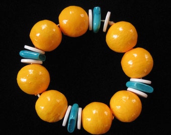 Yellow and Turquoise Paper Mache Bead Bracelet