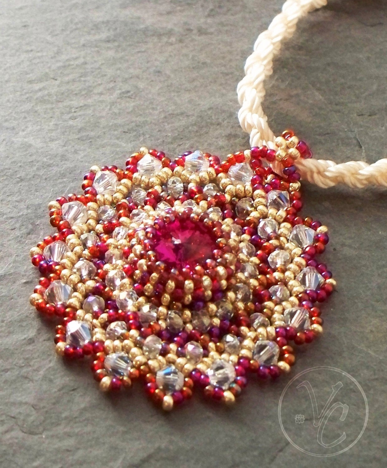Beaded Pendant Tutorial Lacy Medallion Rivoli and Seed Bead