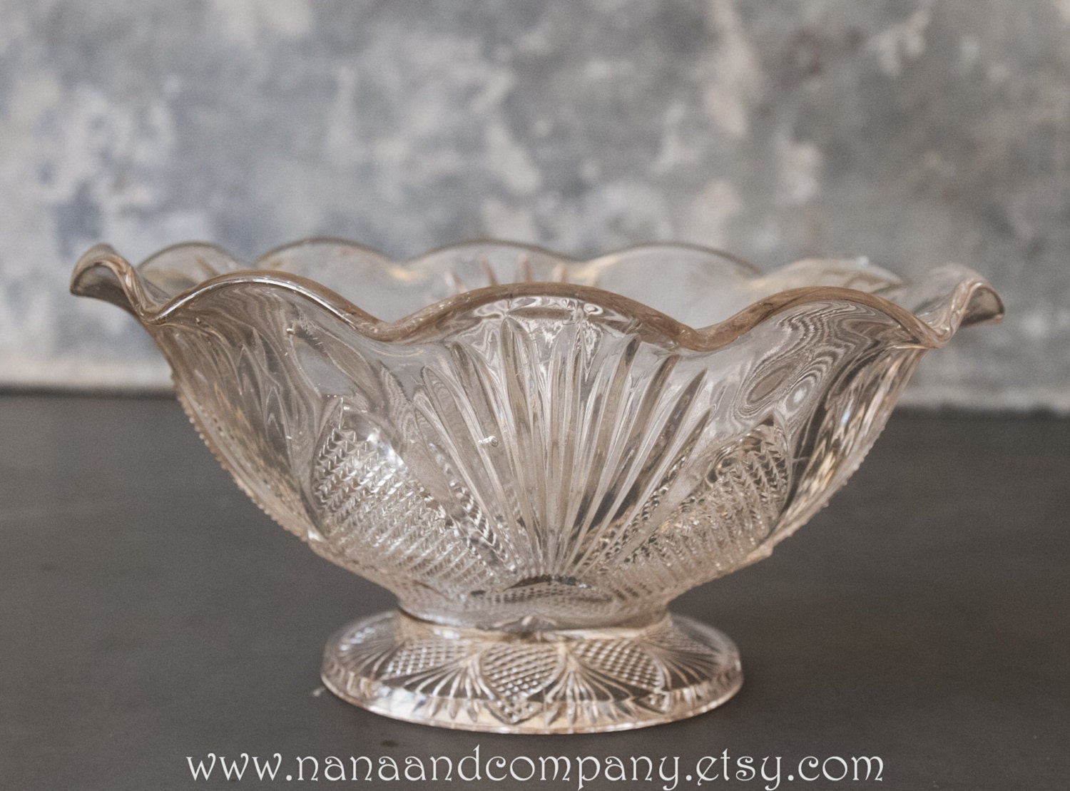 Glass Bowl Fluted Edge Pedestal Base 1970s Excellent Vintage