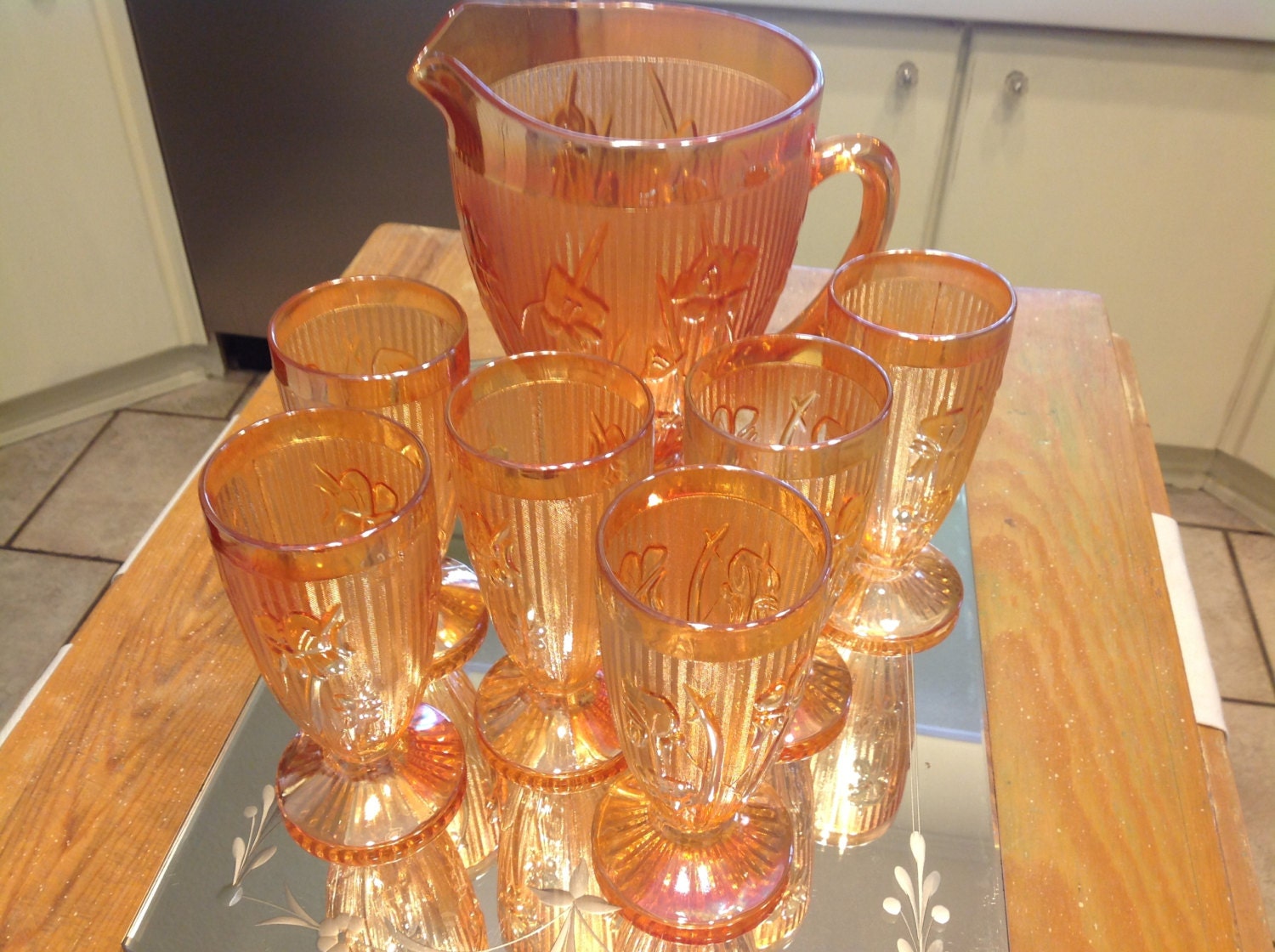 Vintage Carnival Glass Pitcher Six Tumbler Glasses Iridescent