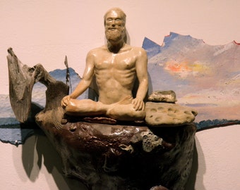 Yoga Figure Sculpture Lotus Posture Levitation, "Floating Above the Muck", Ceramic Wall Art Figurine