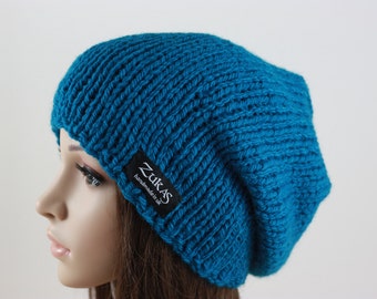 Hand Knit Hat, Slouchy Hat for Women or Men, Beanie, Winter Fashion, Winter Accessories, Kingfisher Blue