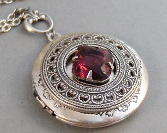Garnet Amulet,Locket,Antique Locket,Silver Locket,Garnet Stone,Vintage Rhinestone,Vintage,Red Stone,Garnet Birthstone. Valleygirldesigns.