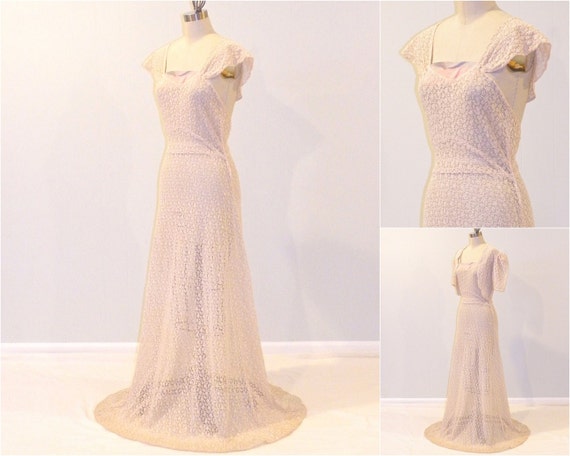 1930s Dress 30s Embroidered Net Bias Cut Evening Gown