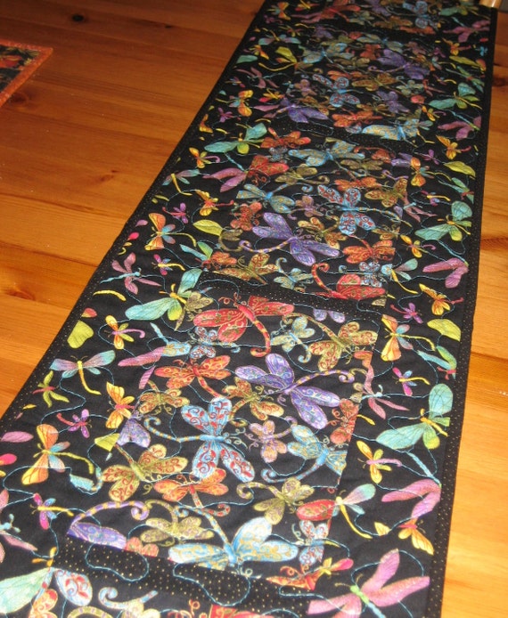 Quilted Dragonflies quilted  Table Runner, table runner Dancing sizes