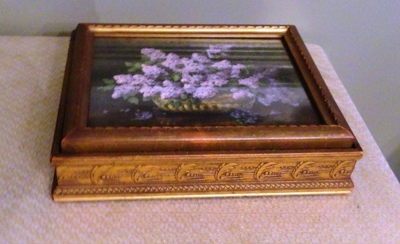 Old Wooden Jewelry Box Carved Engraved Wood Glazed Gold