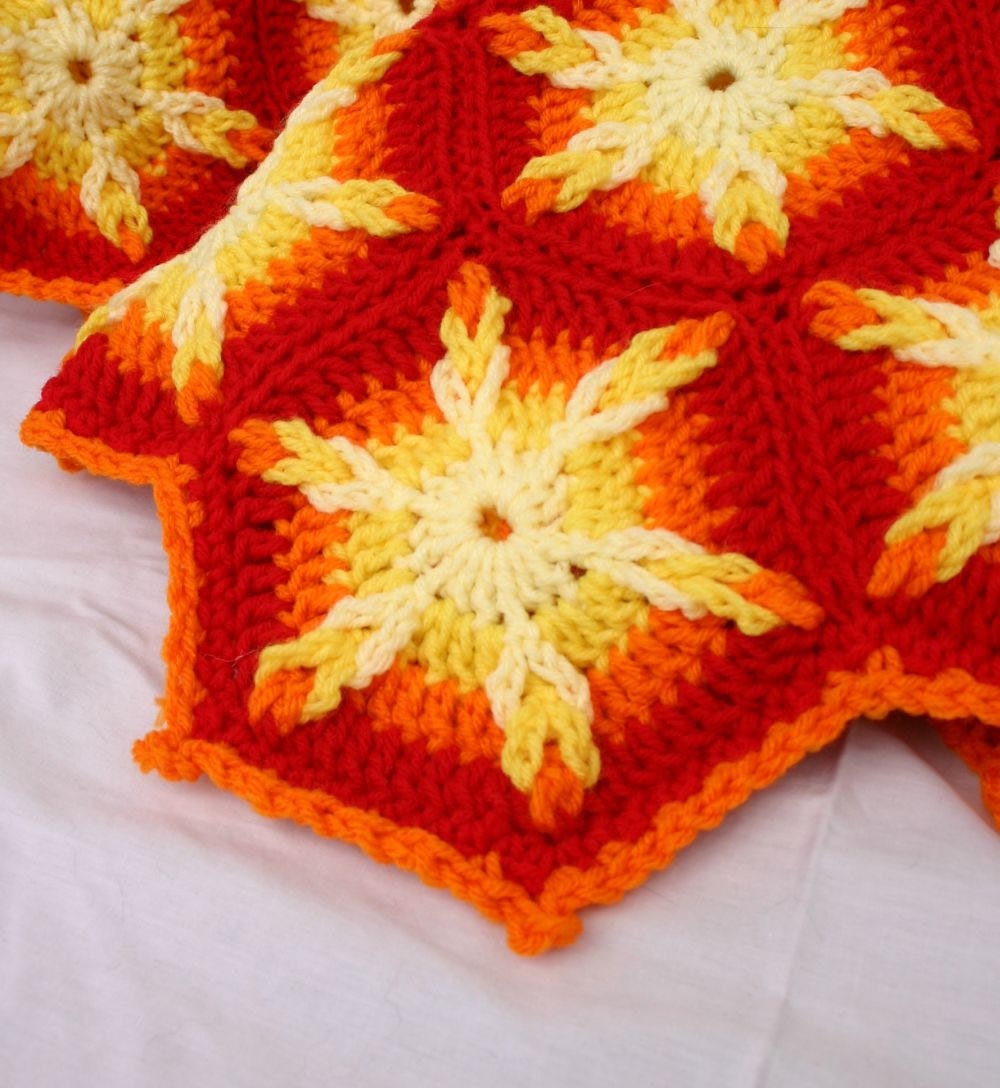 Crochet throw afghan hexagons red orange yellow sunburst couch