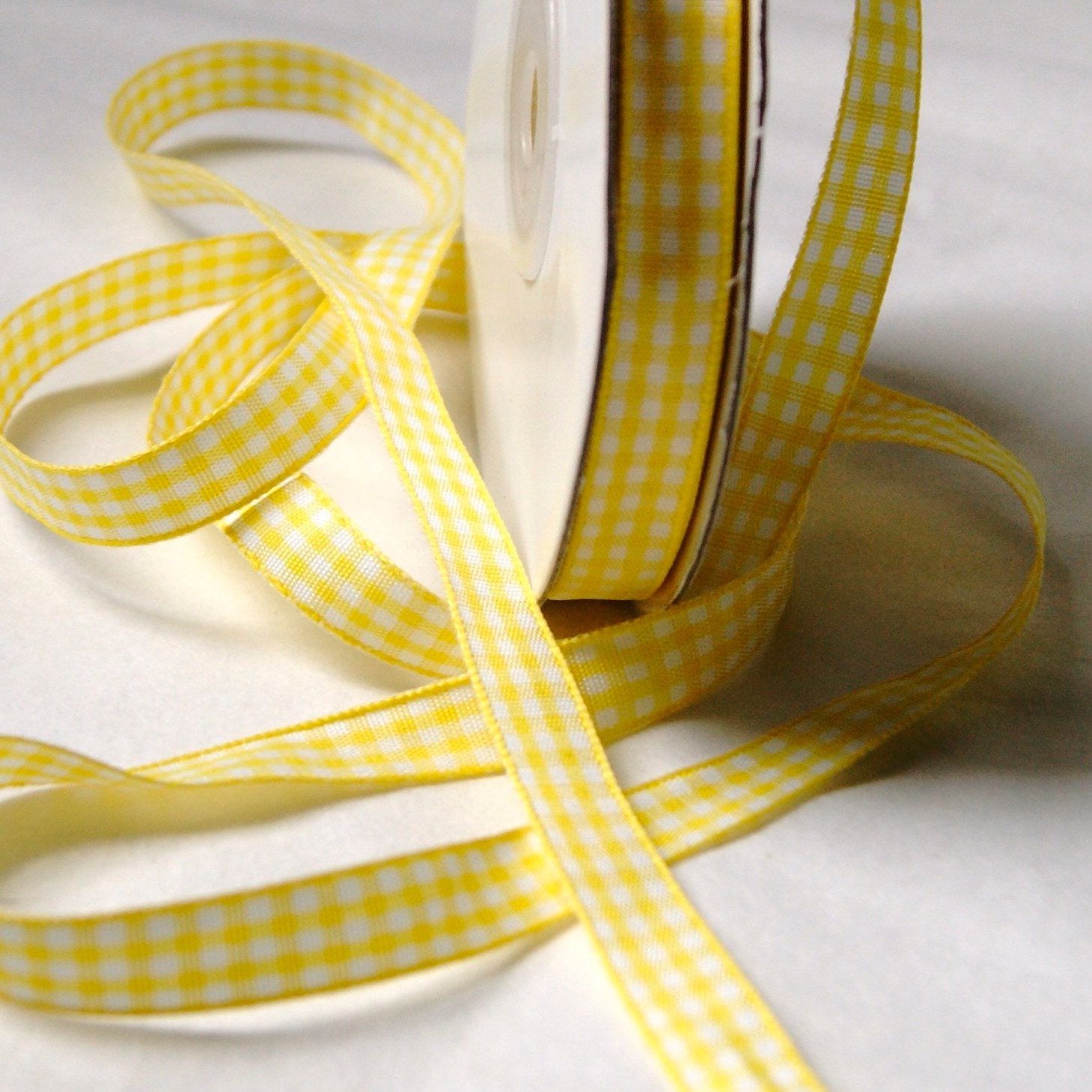 Yellow Gingham Ribbon 3/8 Inch Trim 4 Yards Mixed Media