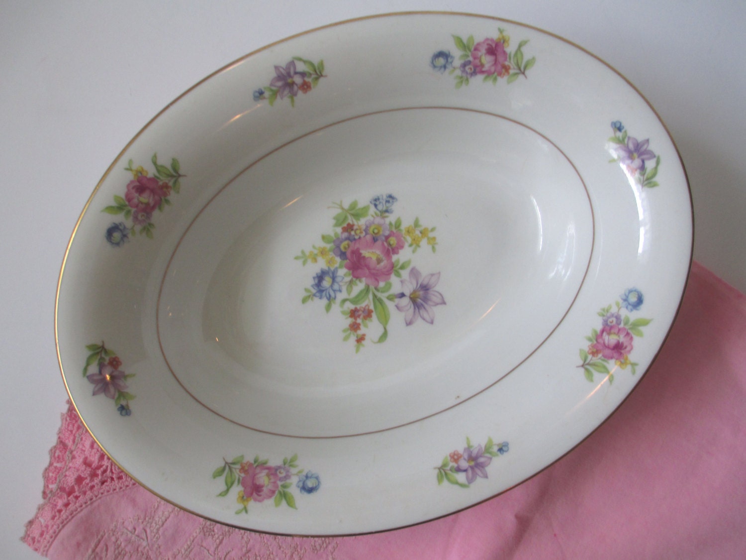 Vintage Serving Bowl Jackson China Featherweight Pink Blue