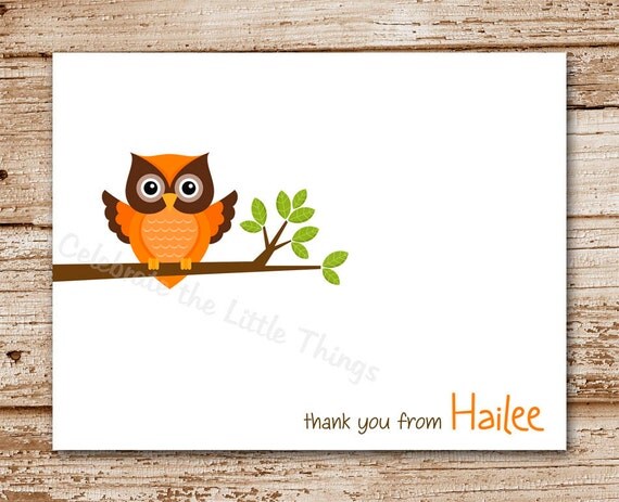 Set of 8 Owl Note Cards | Personalized Stationery | Thank You Cards | Orange Owl | Bird Il_570xn