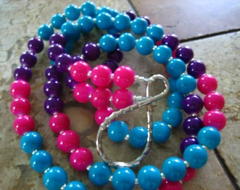 706 Aqua, purple and red handmade beaded lanyard/id badge