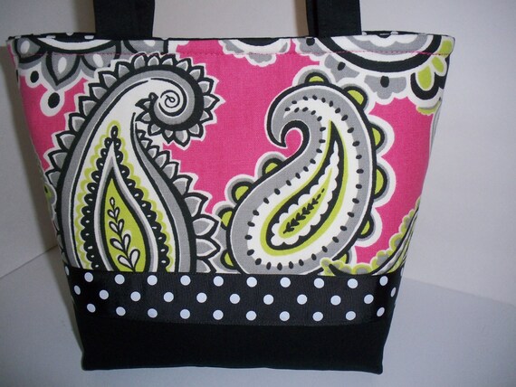 Black Pink Paisley Polka Dots Fabric Purse / Diaper Bag / Tote