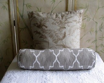 Ikat Linen/Gray on white Long Bolster Pillow 7x27