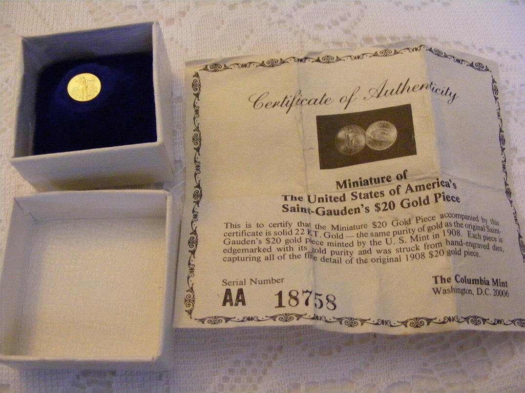 Columbia Mint 22 Karat Gold Miniature Saint Gaudens 20 dollar