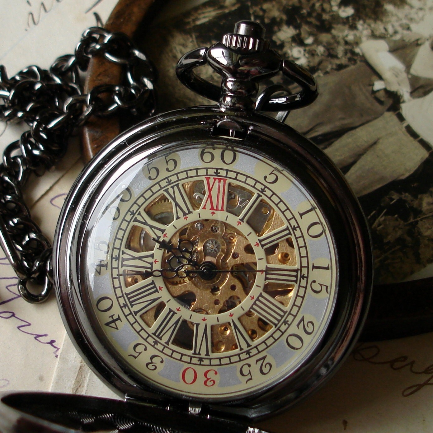 Gunmetal Steampunk Skeleton Mechanical Pocket Watch Chain and