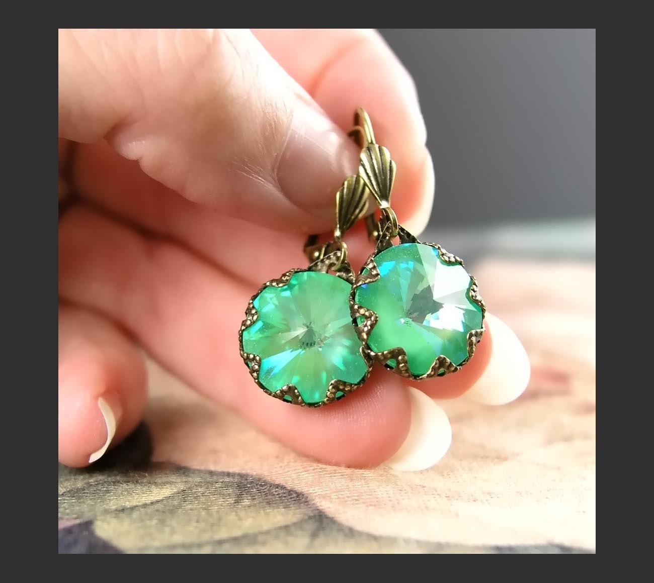 Mint Lime Green Earrings Swarovski Crystal by DorotaJewelry