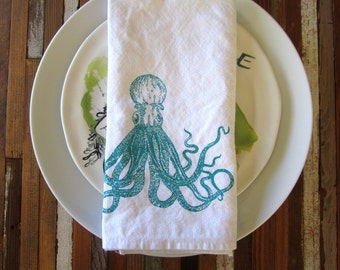 Cloth Napkins - Screen Printed Cotton Cloth Napkins - Eco Friendly Dinner Napkins - Reusable Napkins - Octopus - Nautical - Table Setting