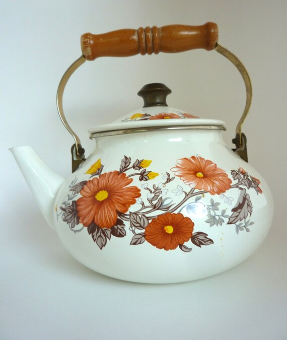 White Enamel Tea Kettle Floral Design