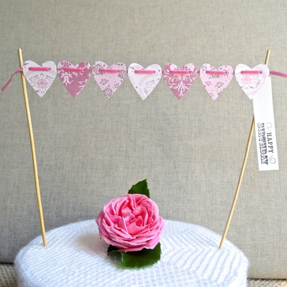 Tilda heart cake bunting - Pink & Plum - patterned cardstock hearts Choose you own greeting Perfect for weddings MADE TO ORDER Il_570xn