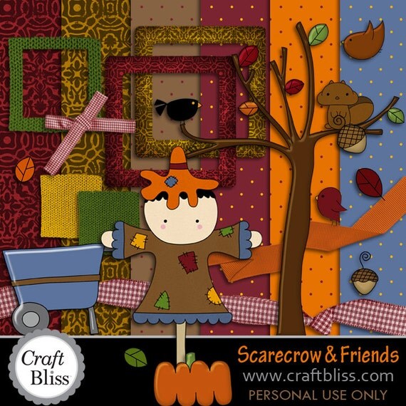 Sale Thanksgiving Clip Art Digital Clipart Scarecrow Paper Pack Thanksgiving Placecard Cards- Scarecrow & Friends Digital Scrapbook Kit Sale Il_570xn