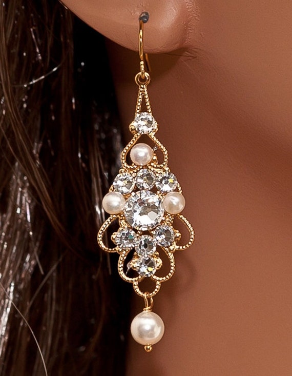 Bridal Rhinestone Gold Earrings Pearl by OliniBridalJewelry