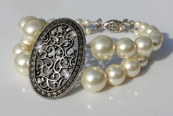 Antique silver bridal Bracelet Vintage Pearl by OliniBridalJewelry