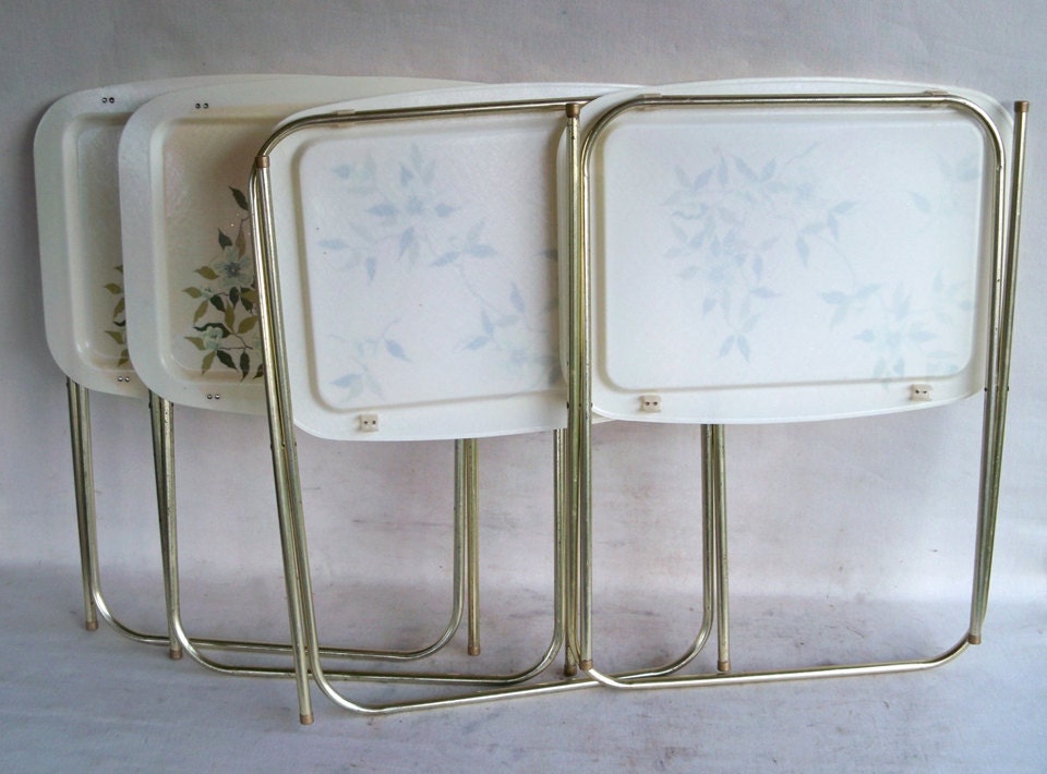 Four Mid Century Plastic TV Trays with Floral Print and
