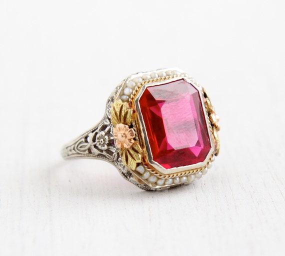 Antique 14k White Gold Ruby Seed Pearl Ring Size 8 Vintage