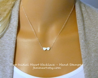 Heart Initial Necklace - Two Heart Necklace - Silver - Reversible - Gift - Best Friends - Couples - Mommy Necklace - Sisters