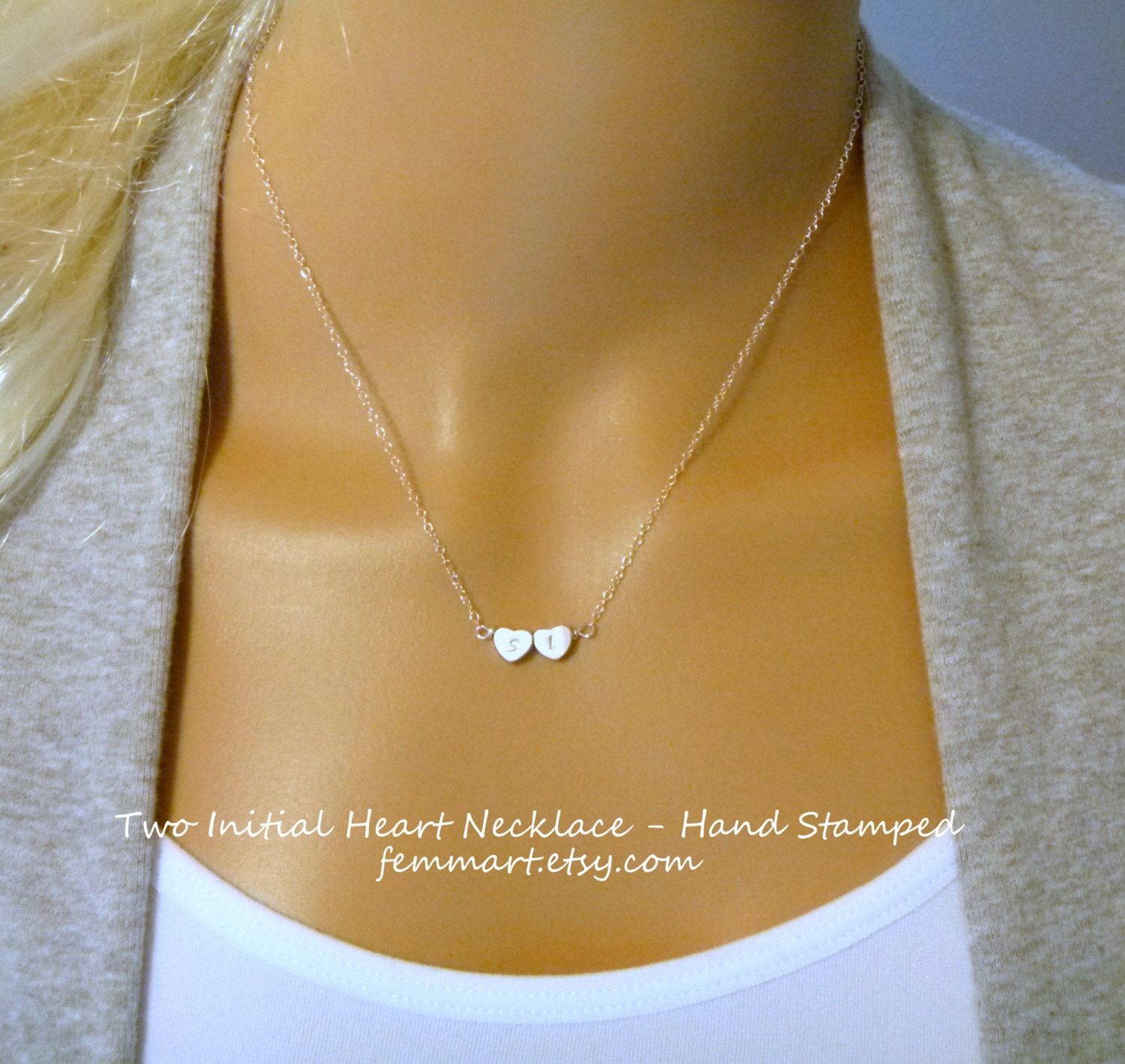 Heart Initial Necklace Two Heart Necklace Silver