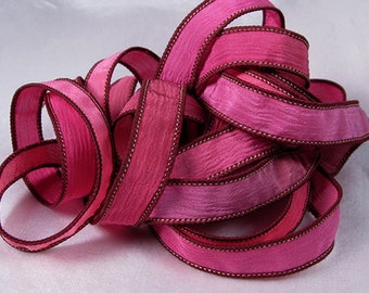 Hand Dyed Silk Ribbon - Crinkle Hand Painted Silk Jewelry Bracelet - Fairy Ribbons - Quintessence - Raspberry
