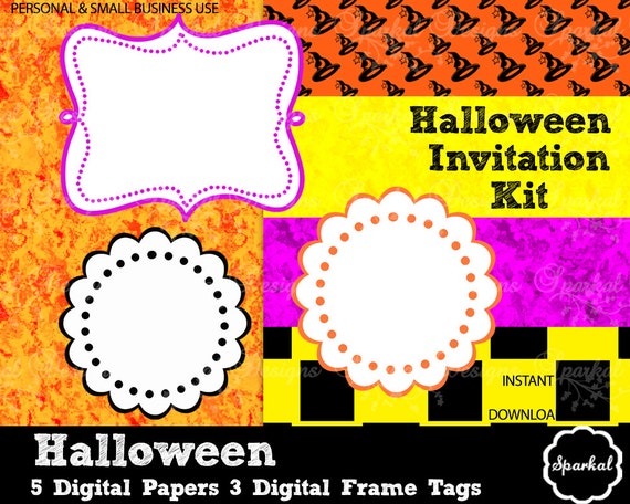 Halloween Digital Paper, Invitation Kit Scrapbooking Matching Frame Tags Party Paper Invitation backgrounds Instant Download Il_570xn