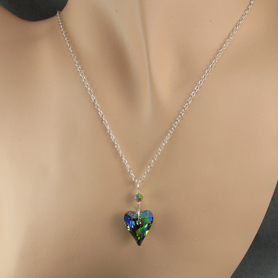  Blue Green Vitrail Heart Pendant Silver Valentine Necklace