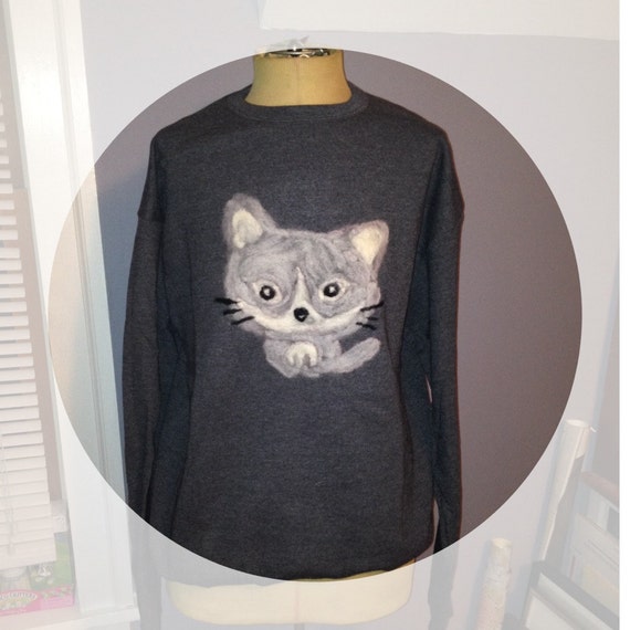 Dark Grey Crewneck Sweatshirt Wool Cat Face Handmade Needle