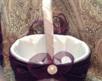 flower girl basket wedding dark purple and white or ivory custom made