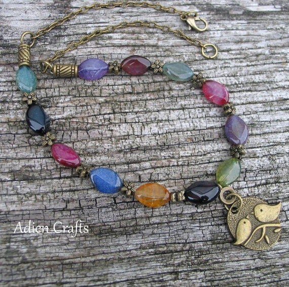 Multicolour Gemstone Necklace Bird Charm Pendant by adiencrafts