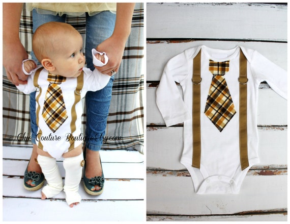 Baby Boy One Piece Tie Outfit Baby Boy Neckie Bodysuit w Suspenders. Plaid First 1st Birthday Outfit, Cake Smash, Wedding, Holiday Outfit by ChicCoutureBoutique