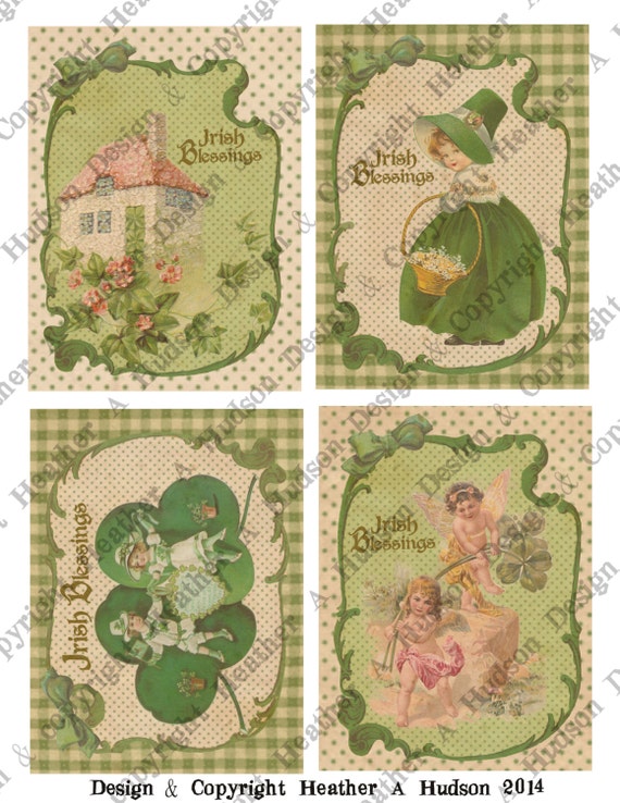 Victorian Vintage St Patrick's Day Shabby Card Fronts 2 cottage Digital Collage sheet Printable